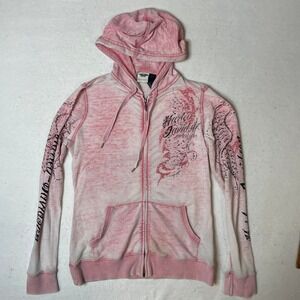 Harley Davidson Pink‎ Zip Up Hoodie Womens L Motorcycles Wings Rhinestone Y2K
